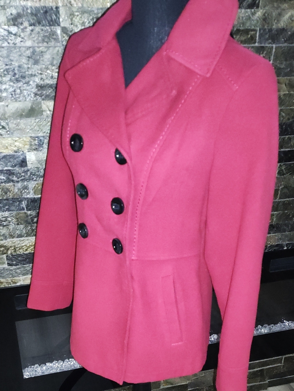 Red Double-Breasted Women's Peacoat Jacket With Detachable Hood Size XS